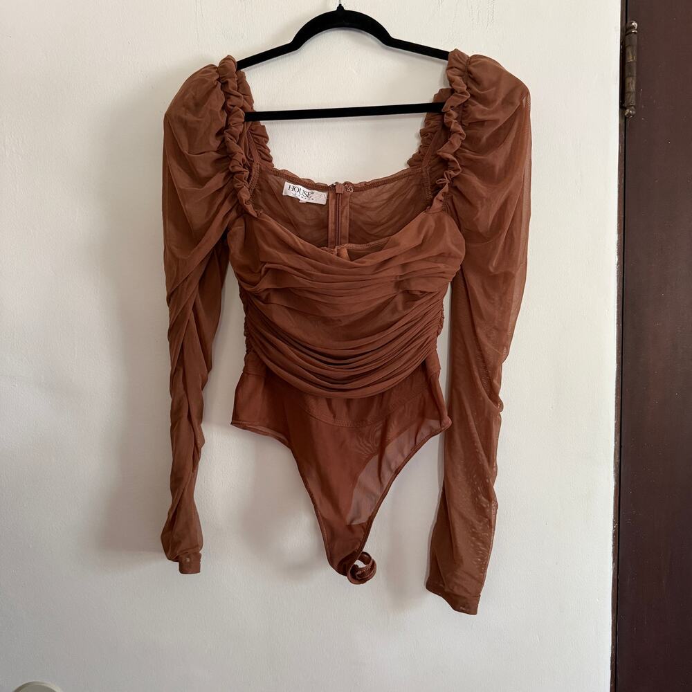 HOUSE OF CB | Emme Mesh Long Sleeve Brown Bodysuit Mocha | Medium - Picture 2 of 6